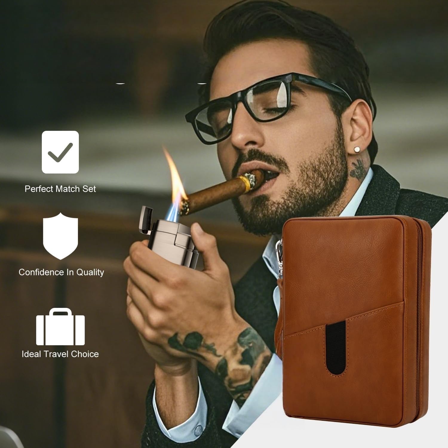 Cygarowy Humidor z Drewna Cedrowego – Wyjmowana Taca, Higrometr, Odłączany Nawilżacz, Rurka Skroplin i Kieszeń na Karty – Luksusowy Prezent dla Taty, Męża,Black