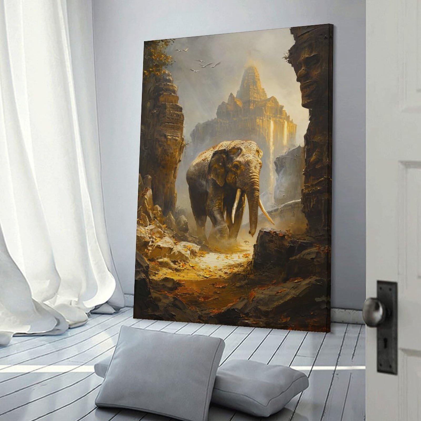 Junmoney Canvas Art Print Temple Guardian, 24x36inch(60x90cm), for New Homes, Bedrooms Or Workspaces, Thoughtful Wall Decor for Art Lovers