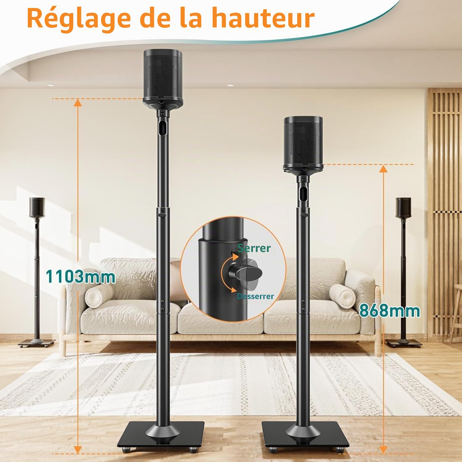 Elived Paire de Supports pour Enceintes Sonos ERA100, Sonos One, One SL, Play:1, Hauteur réglable jusqu'à 1103 mm, Support sur Pied avec Gestion des câbles, Charge maximale de 5 kg, EV5024