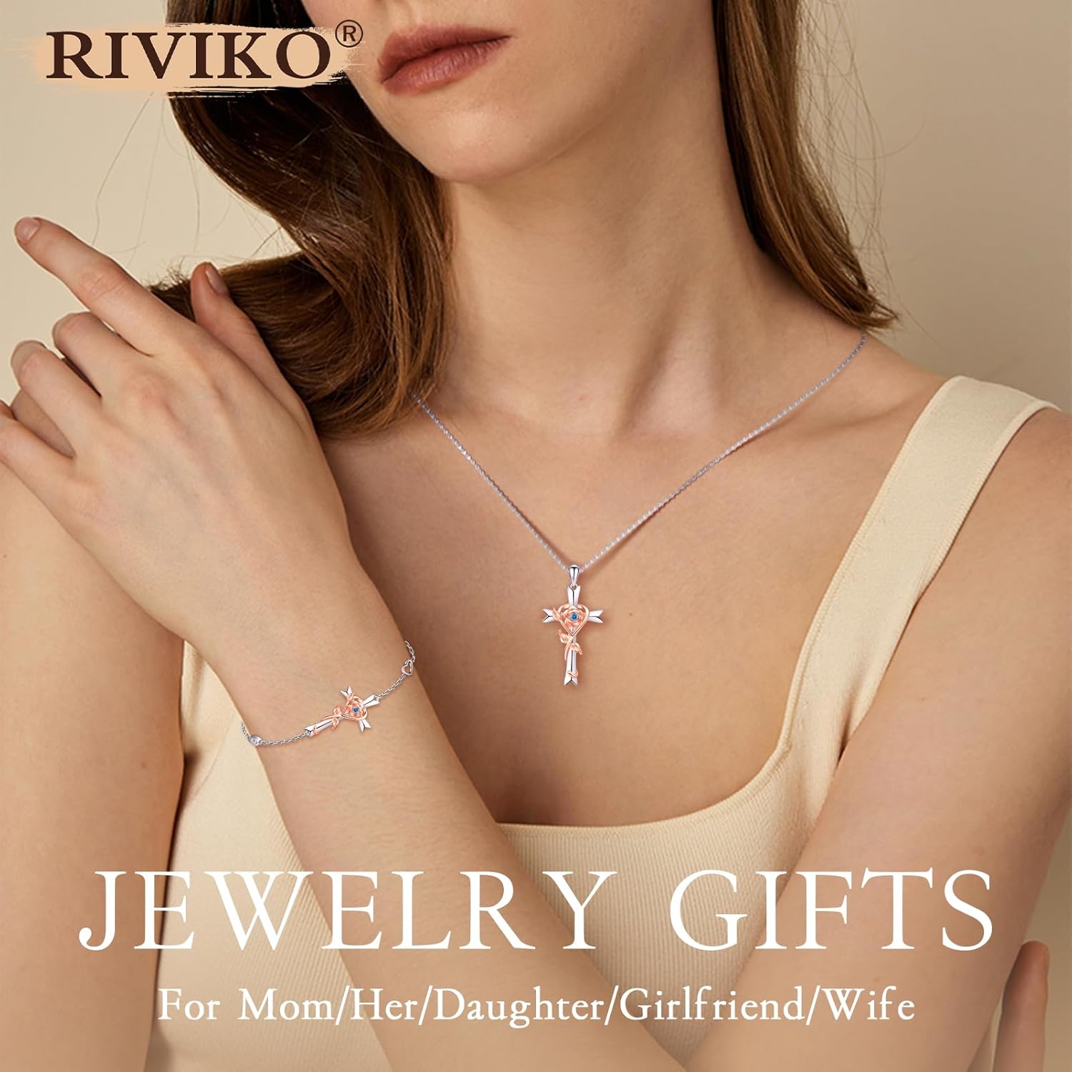 RIVIKO 925 Sterling Silver Cross Birthstone Bracelets for Women Cross Rose Bracelet Trendy Adjustable Christmas Day Anniversary Birthday Jewelry Gift for Women Her Wife Girlfriends Daughter Mom