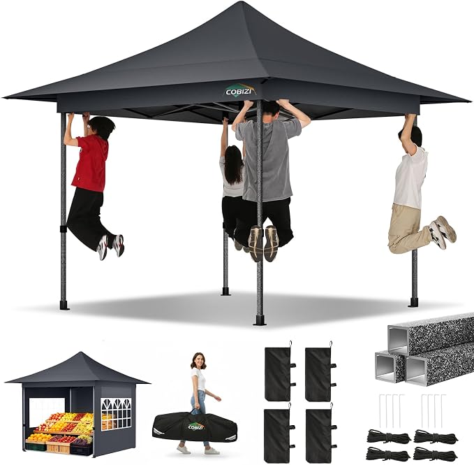 COBIZI 13x13 Pop Up Canopy Tent Heavy Duty with Sidewalls & Auto-Extending Eaves Outdoor Gazebo Easy Up for Backyard Party Commercial Events, All Weather Waterproof UV 50+ (Leg Upgraded) Gray