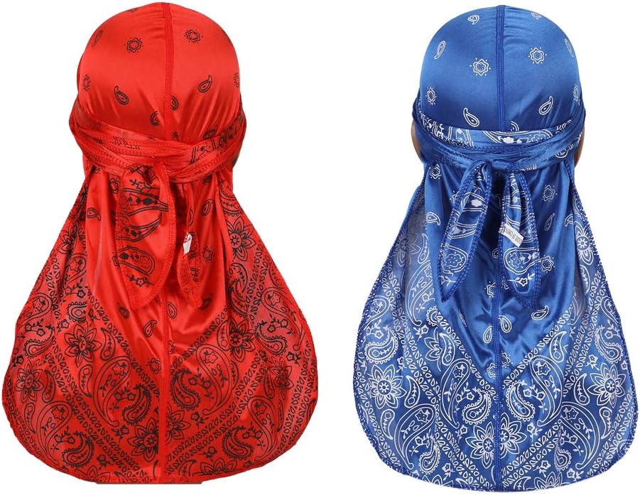 Assorted Paisley Bandana Doo rag Cap Headwraps Men's Women's Silk Durag with Long Tail and Wide Straps for 360 Waves