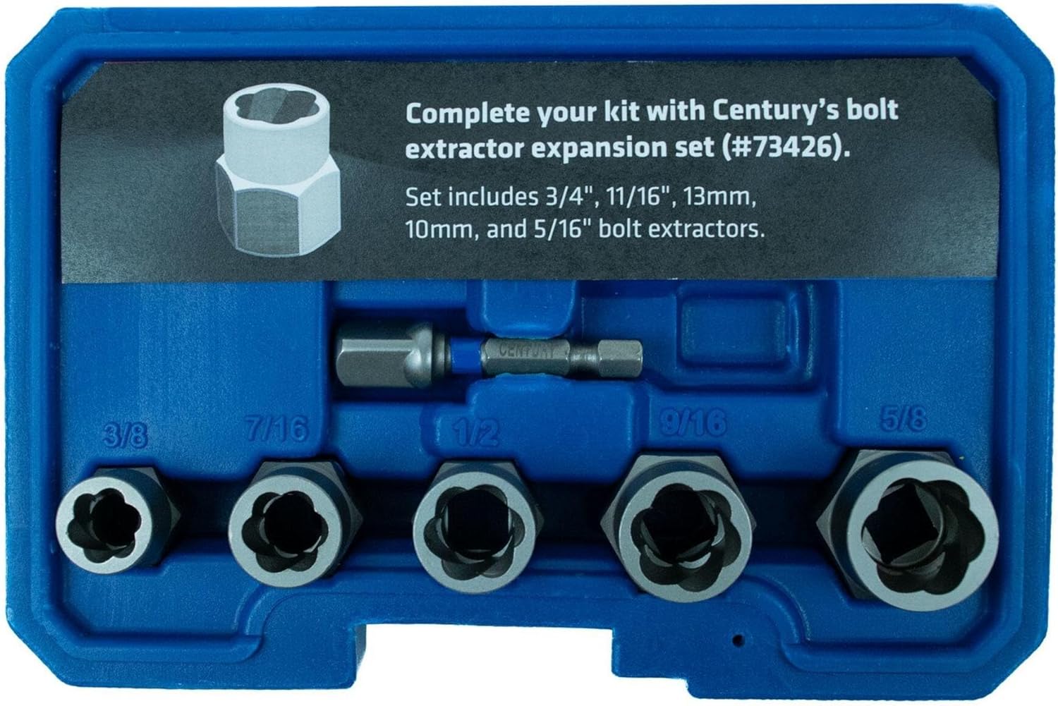 Century Drill & Tool 6 Piece Bolt Extractor Set 73425; securely grips damaged bolts and fasteners, impact ready socket adapter included