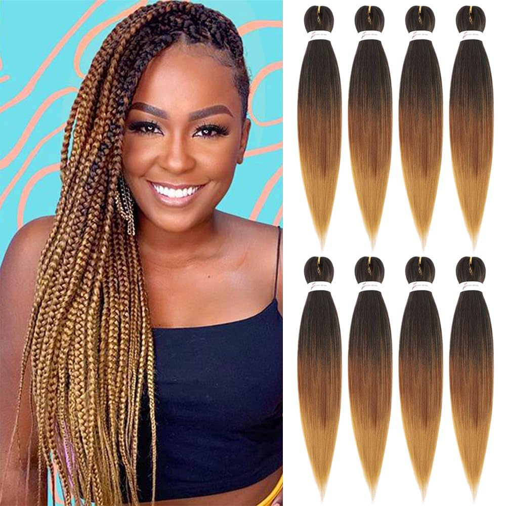 Pre Stretched Braiding Hair Ombre Brown Blonde 36 Inch 8 Packs Long Braids Itch Free Hot Water Setting Synthetic Fiber Yaki Texture Crochet Braiding Hair Extensions for Women