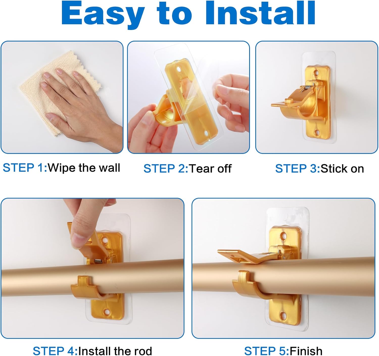 Antimbee 12PCS Self Adhesive Curtain Rod Bracket, No Drilling Curtain Rod Holders, 20lbs Load Capacity Golden Hangers for Dorm, Bathroom, Bedroom, Livingroom Decor