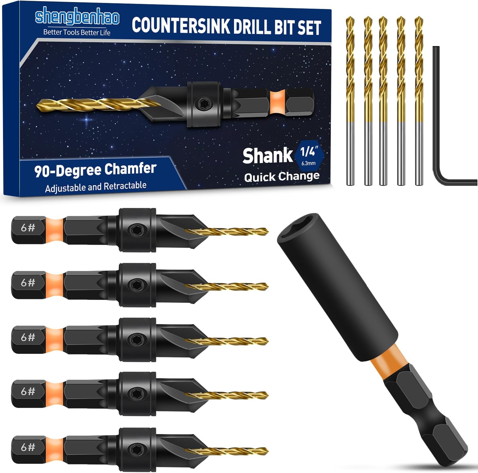 Countersink Drill Bit Set for #6, 12 PCS Counter Sink Drill Bits, Quick Release Countersink Set, 1/4 Inch Hex Shank, Magnetic Extension Adjustable bit Holder for Woodworking
