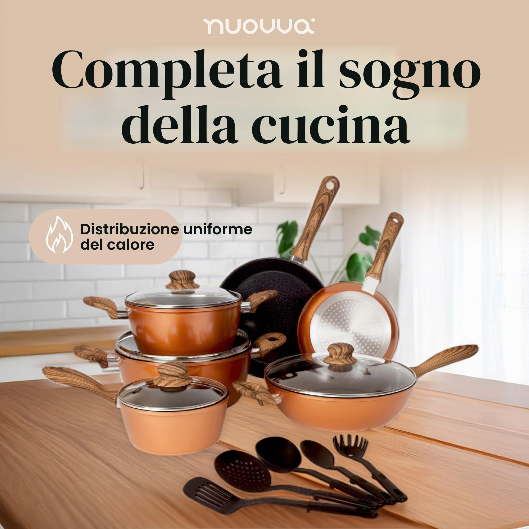 Set di pentole e padelle antiaderenti – Set di pentole per fornelli a induzione – 15 pezzi di utensili da cucina con coperchi – Pentole in rame per cucinare – di Nuovva