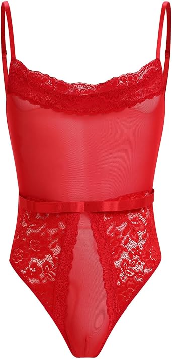 ABAFIP Mens Sheer Lace Cami Bodysuit Mesh Spaghetti Strap Leotard, See Through Lingerie Underwear
