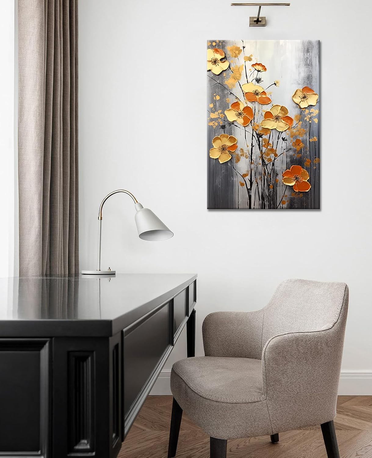 GLOKAKA Abstract Flower Wall Art Golden Orange Flower Wall Decor Contemporary Flower Painting Picture for Home Living room Bedroom Bathroom Decor,Ready to Hang