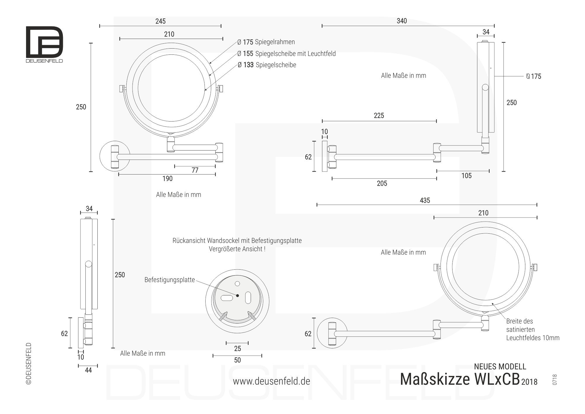 DEUSENFELD WL10CB - Batterie LED Doppel Wand Kosmetikspiegel, 10x Vergrößerung + Normal, Ø17,5cm, 360° vertikal und horizontal schwenkbar, 35 SMD Tageslicht LEDs, Metall verchromt