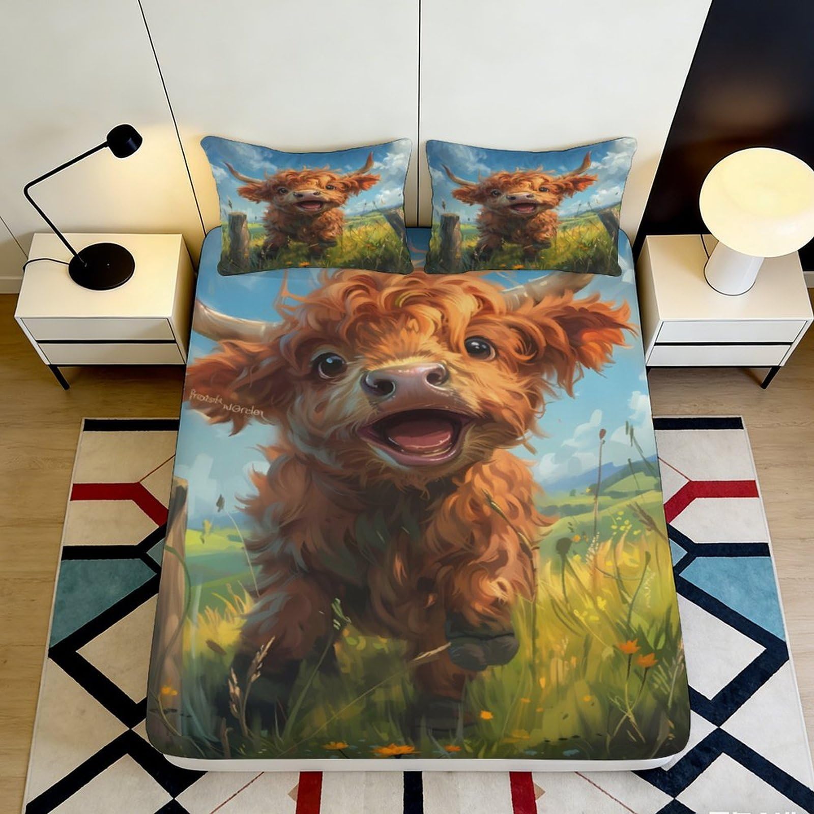 3D Printed Highland Cow Fitted Sheet Microfiber Soft Brown Animal Meadow Mattress Cover for Bedroom Dorm Decor 90x200x25cm