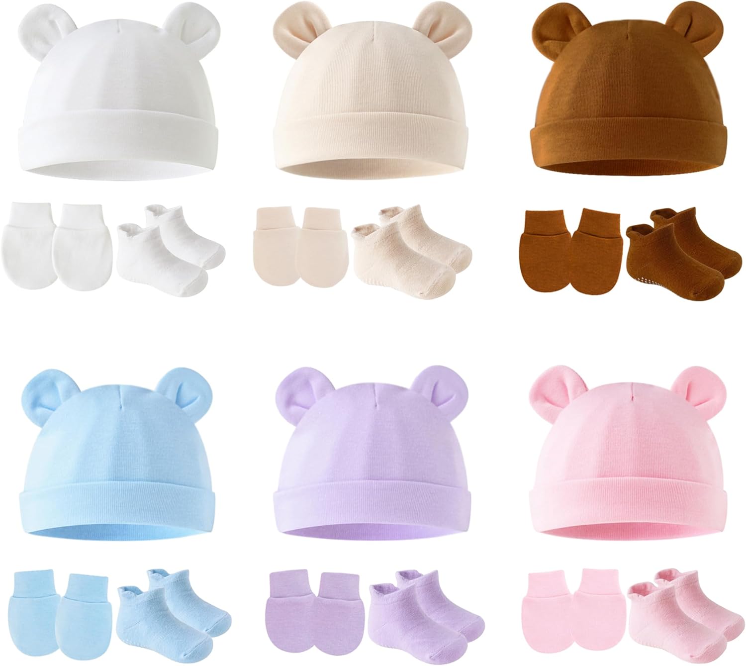 Cotton Ears Baby Hats Mittens with Socks Set Unisex, No Scratch Mittens and Beanie Cap for Infant Toddler Newborn