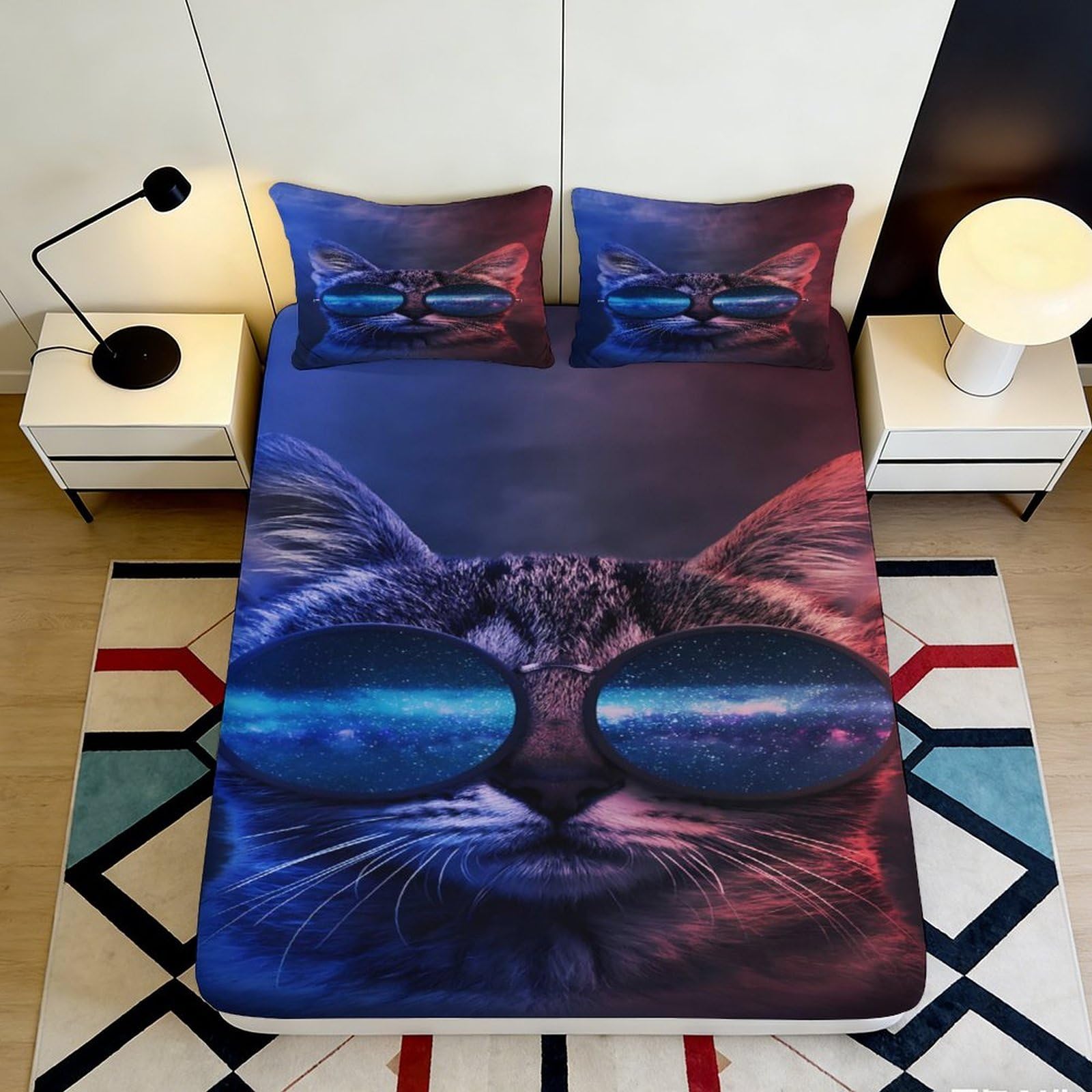 3D Printed Cool Cat Fitted Sheet Microfiber Deep Pocket Elastic Wrap Bedroom Bedding Cat Mattress Fitted Cover Washable for Home 200x200x25cm 90x200x25cm