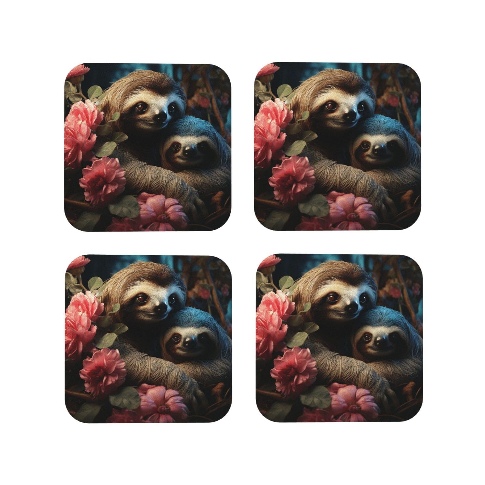 4pcs Drink Coasters for Tabletop Protection, 4" Leather Coasters for Drinks, A Sloth and A Baby Sloth Cup Coasters for Coffee Table Decor, Non-Slip Drinking Cup Mat for Hot Or Cold Drink
