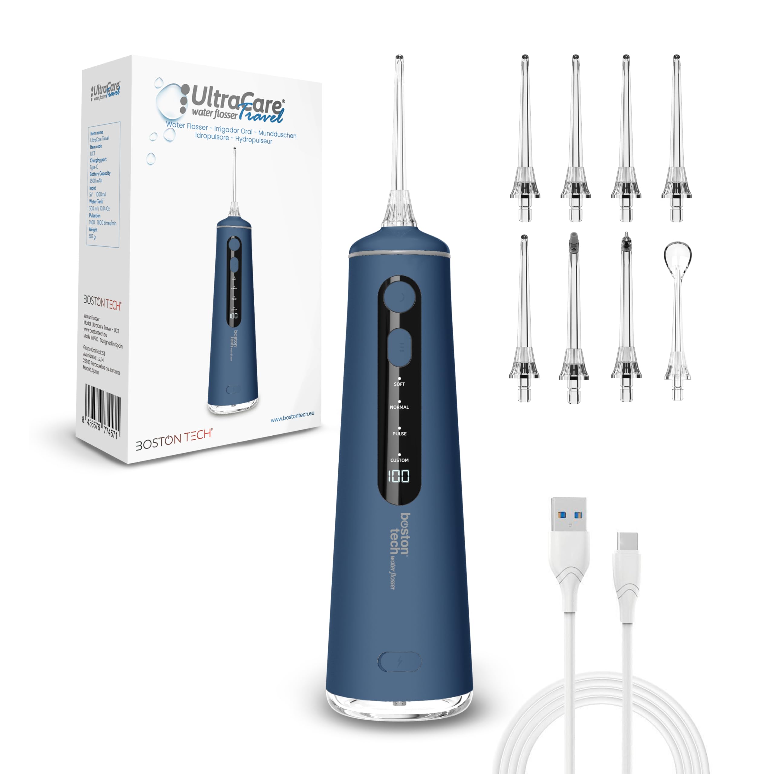 Aquapik Irrigador Bucal Portatil Inalámbrico Profesional 8 Boquillas 4 Modos IPX7 300ML USB-C Recargable