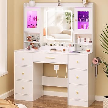 White Makeup Vanity Desk with Mirror and LED Lights,Large Make Up Vanity Table with Lighted Mirror 7 Drawers,Modern Vanity with Power Outlet RGB Cabinets,Dressing Table for Bedroom Women Girls