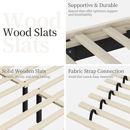 Miniatura 8 de Yaheetech Base de cama tamaño Queen con estación de carga USB y estante de almacenamientoplataforma de cabecera tapizada con lado de alasoporte de