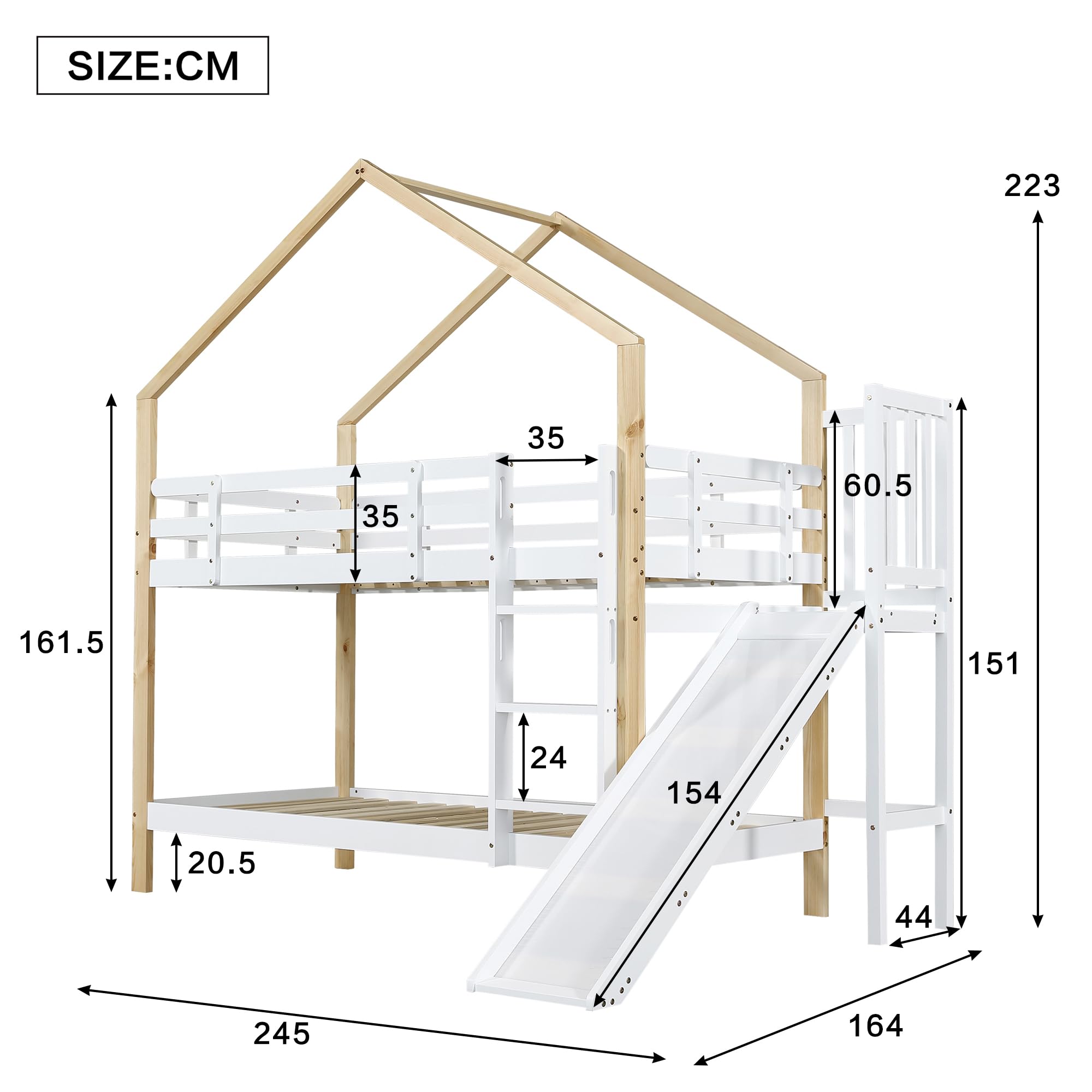 Letto a castello con scivolo e scaletta angolare a tre gradini, letto a casetta con protezione anticaduta, lettino per bambini, telaio letto in legno massello, bianco+naturale, 90x200 cm