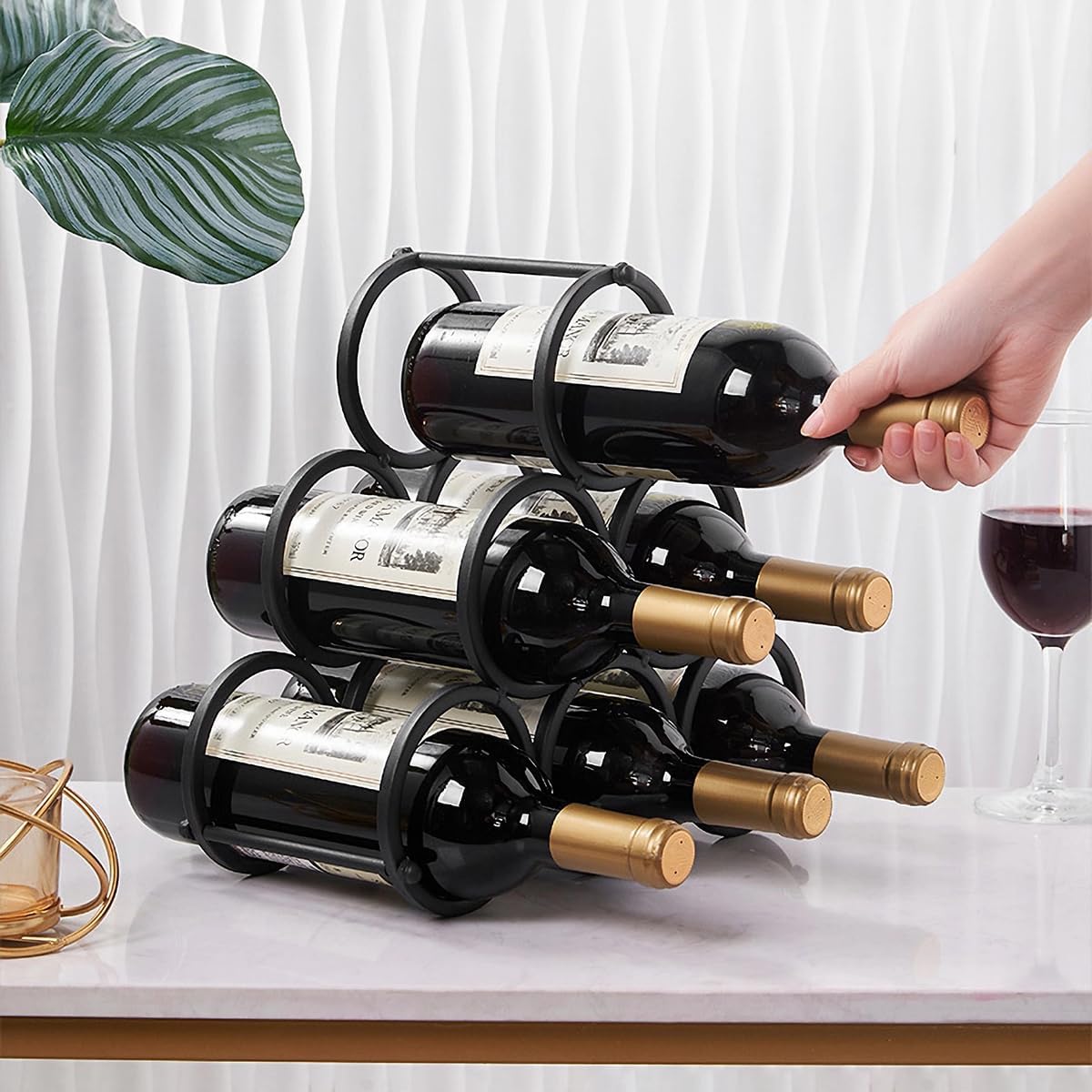 GeLive Small Tabletop Wine Rack 6 Bottles Triangle Freestanding Countertop Wine Bottle Holder Cabinet Pantry Wine Storage Stand Bottle Organizer for Coffee Bar Kitchen, Frosted Iron, Black
