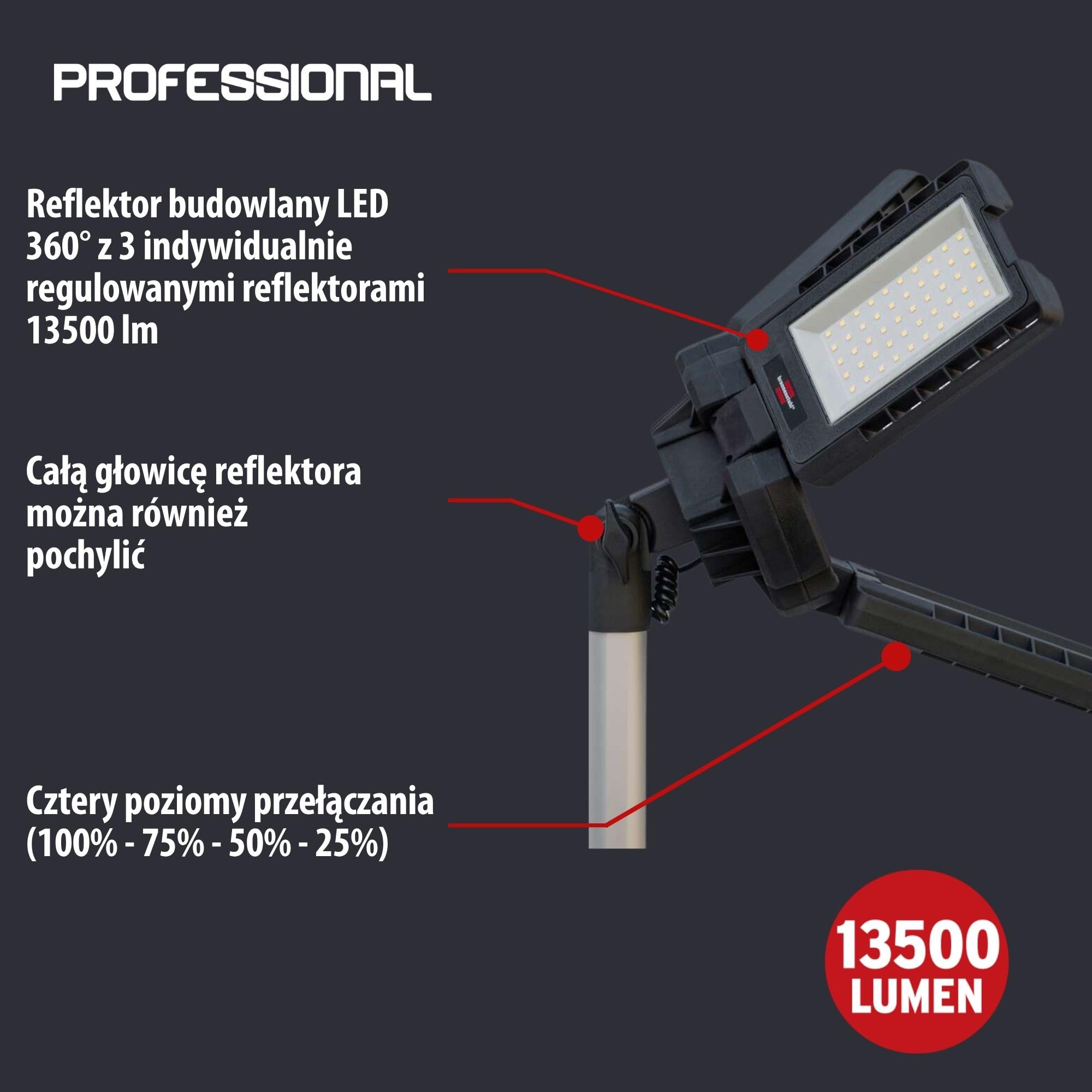 Brennenstuhl Professional Reflektor Budowlany LED na Statywie z Potrójną Głowicą 13050 T z 13500 lm, Reflektor LED z 3 Indywidualnie Regulowanymi Reflektorami, 100 W, IP54, Sterowanie Bluetooth
