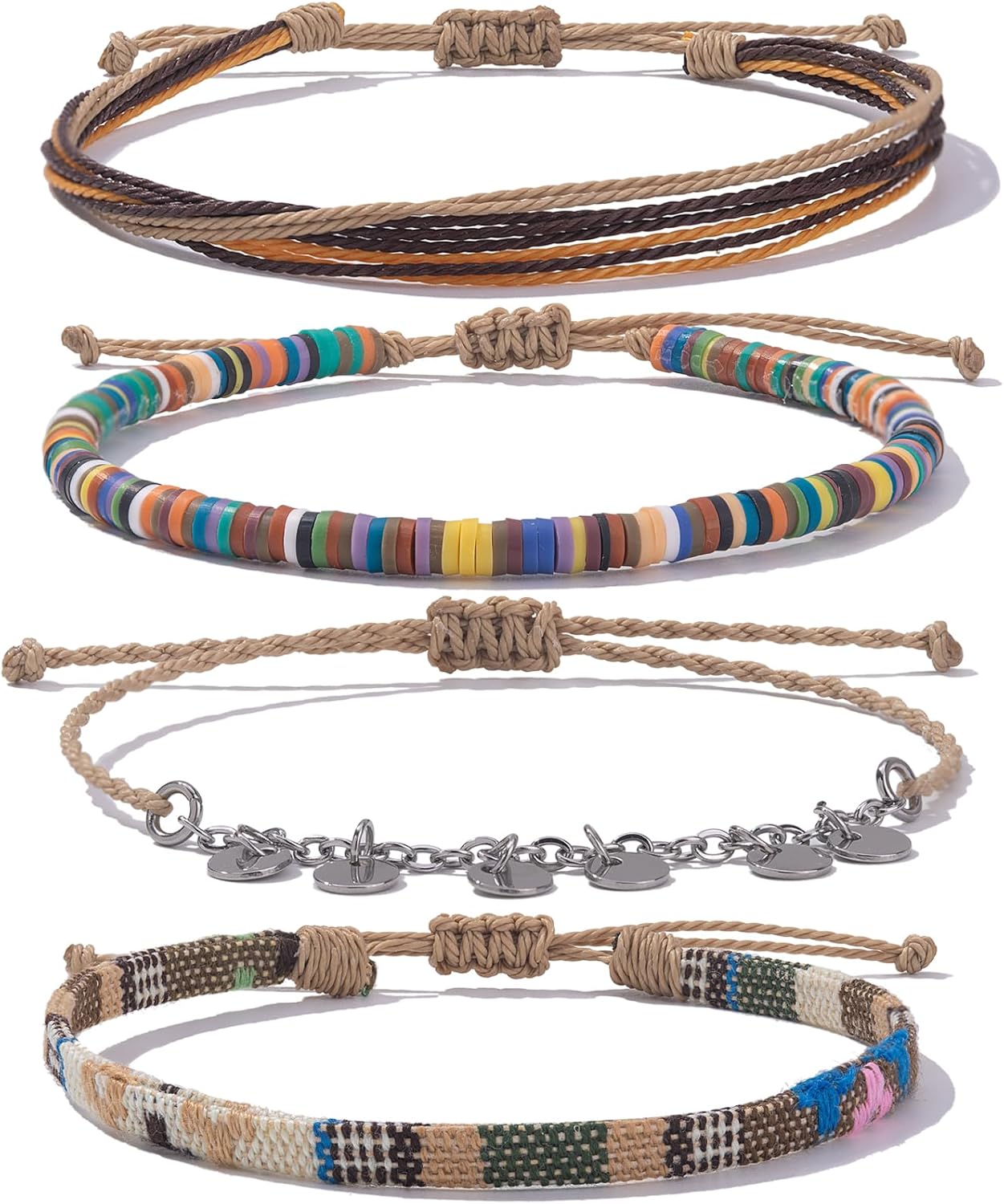 FANCY SHINY Waterproof String Anklets Boho Clay Beads Ankle Bracelets Cute Cloth Stainless Steel Coin Anklet Set Beach Summer Jewelry for Women