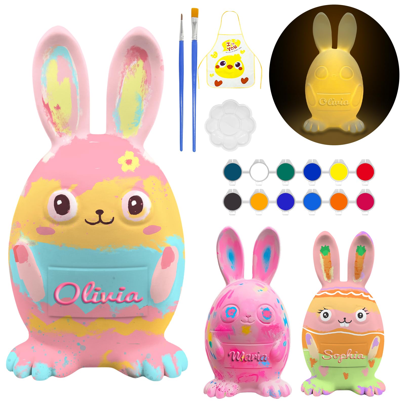 Spricoz Paint Your Own Bunny Lamp Kit - Easter Basket Stuffers - Custom DIY Name Craft Night Light - Easter Toys Gifts for Toddlers - Art Supplies