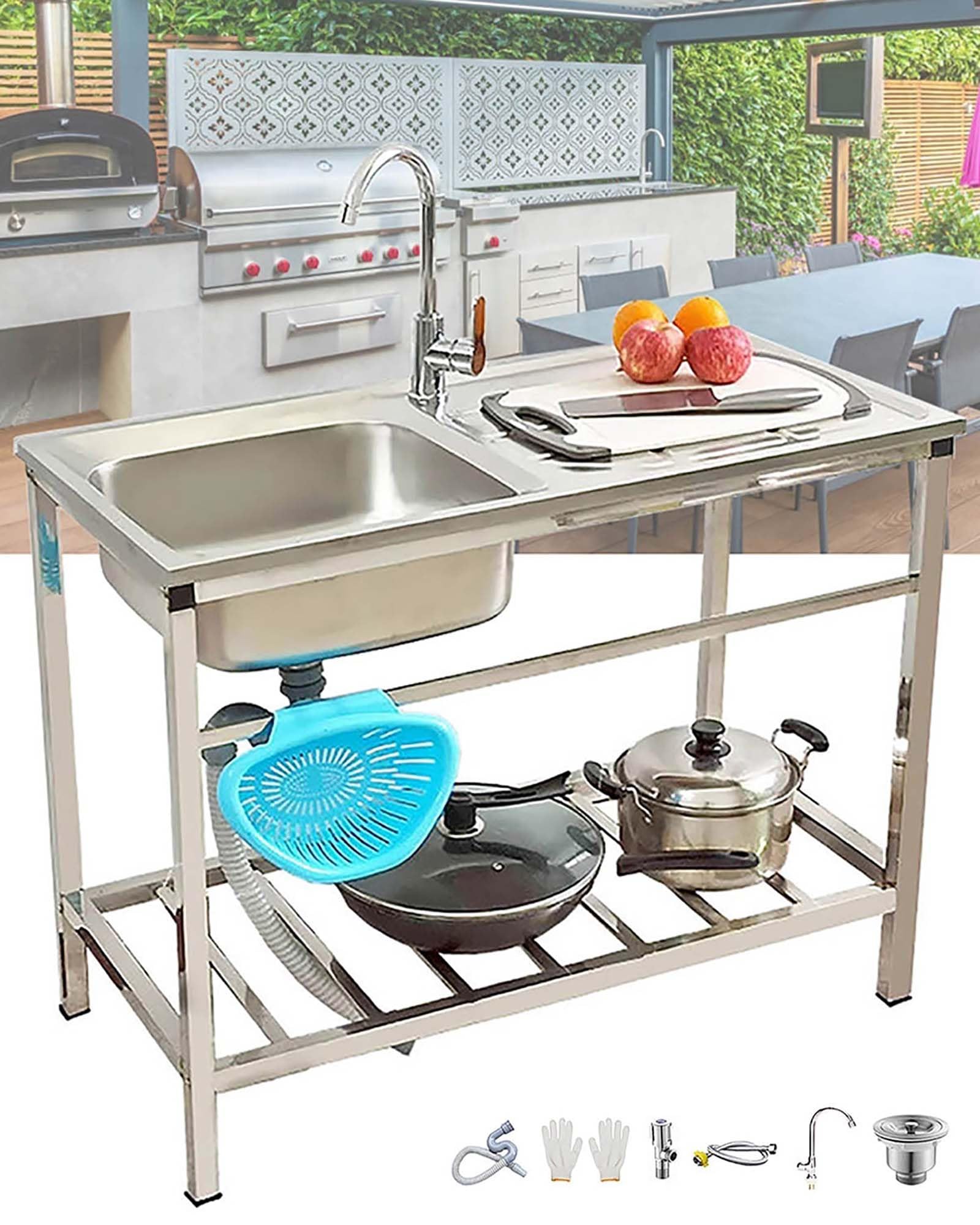 Évier Inox De Cuisine Indépendant Évier Utilitaire Avec Robinet Et Étagères De Rangement Extérieur Évier De Jardin Avec Banc De Travail 2 Brosses En Éponge Evier De Commercial Pour Garage Buanderie(Si