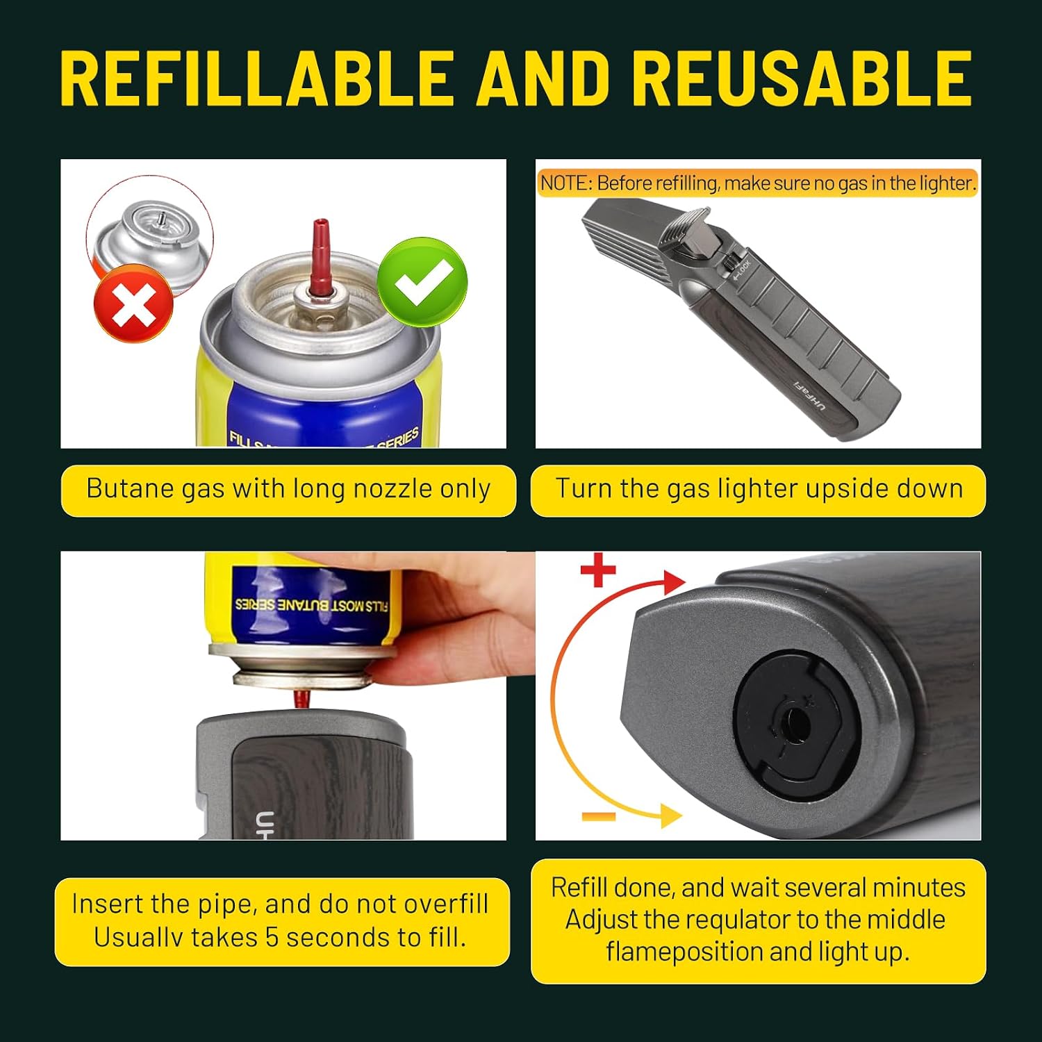 Kitchen Cooking Butane Torch Lighter with Safety Lock ，Lock Fire Function, Extra-Long Flame, Powerful and Adjustable, Refillable Multi-Functional Torch，BBQ, Baking, Welding (Butane Gas Not Included)