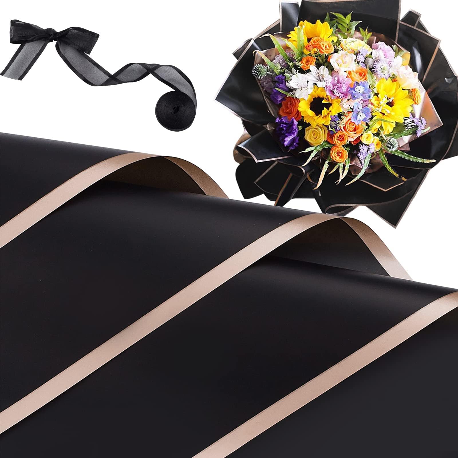 20 Sheets Black Flower Wrapping Paper, Waterproof Floral Wrap Gold Edge Bouquet Wrapping Paper Florist Supplies (22.8 x 22.8 inch)