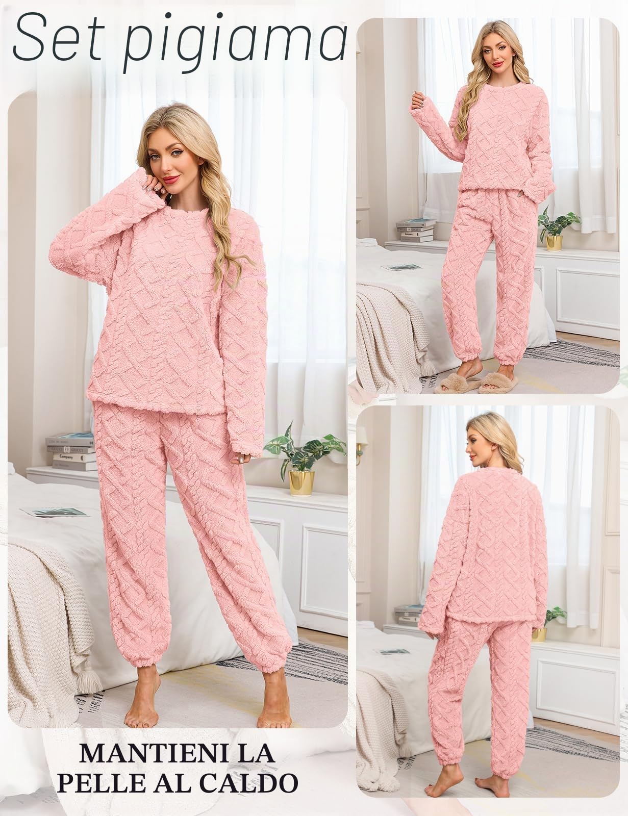 Niwicee Pigiama Donna Invernale Pile Pigiami Caldo Felpato Pigiama Flanella Donna Abbigliamento da Notte Lounge Pigiami Due Pezzi Felpa a Maniche Lunghe e Pantaloni con Tasche