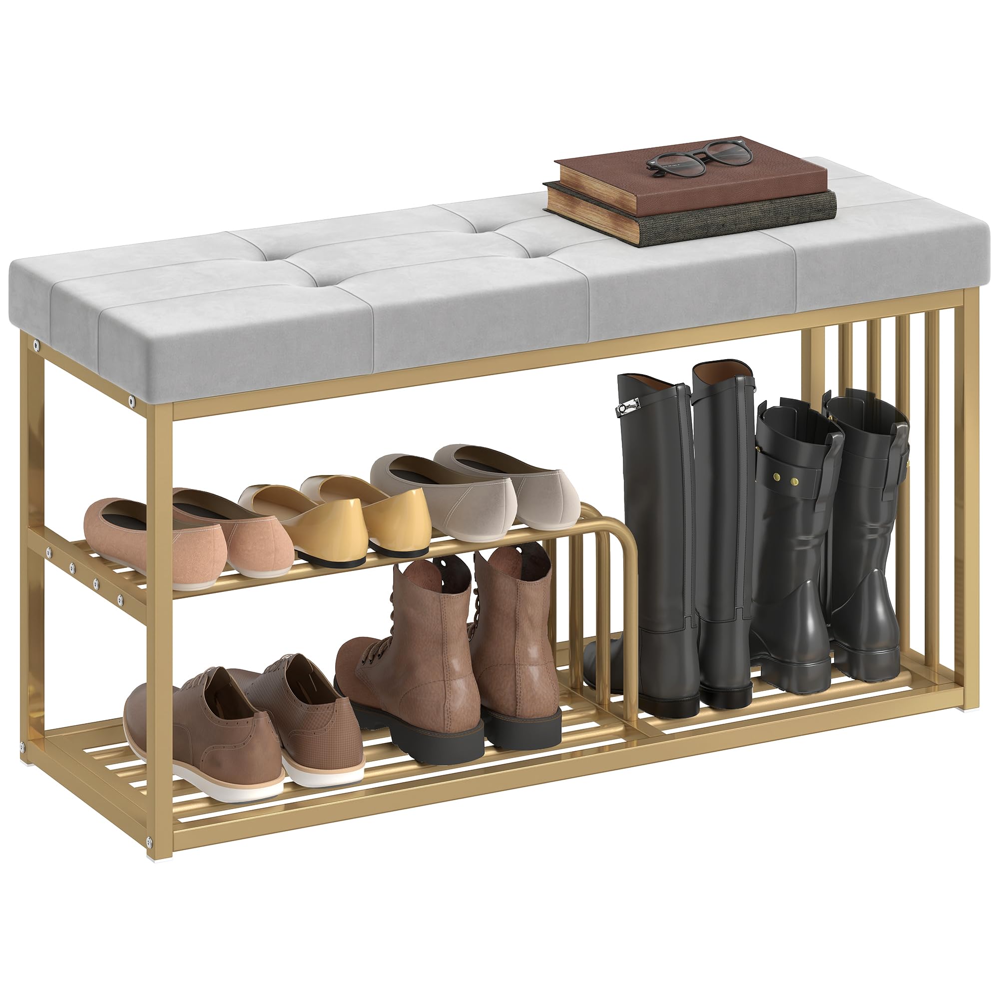 Rackhams Grey Shoe Storage Bench With Seat Cushion Tufted Shoe Rack Bench