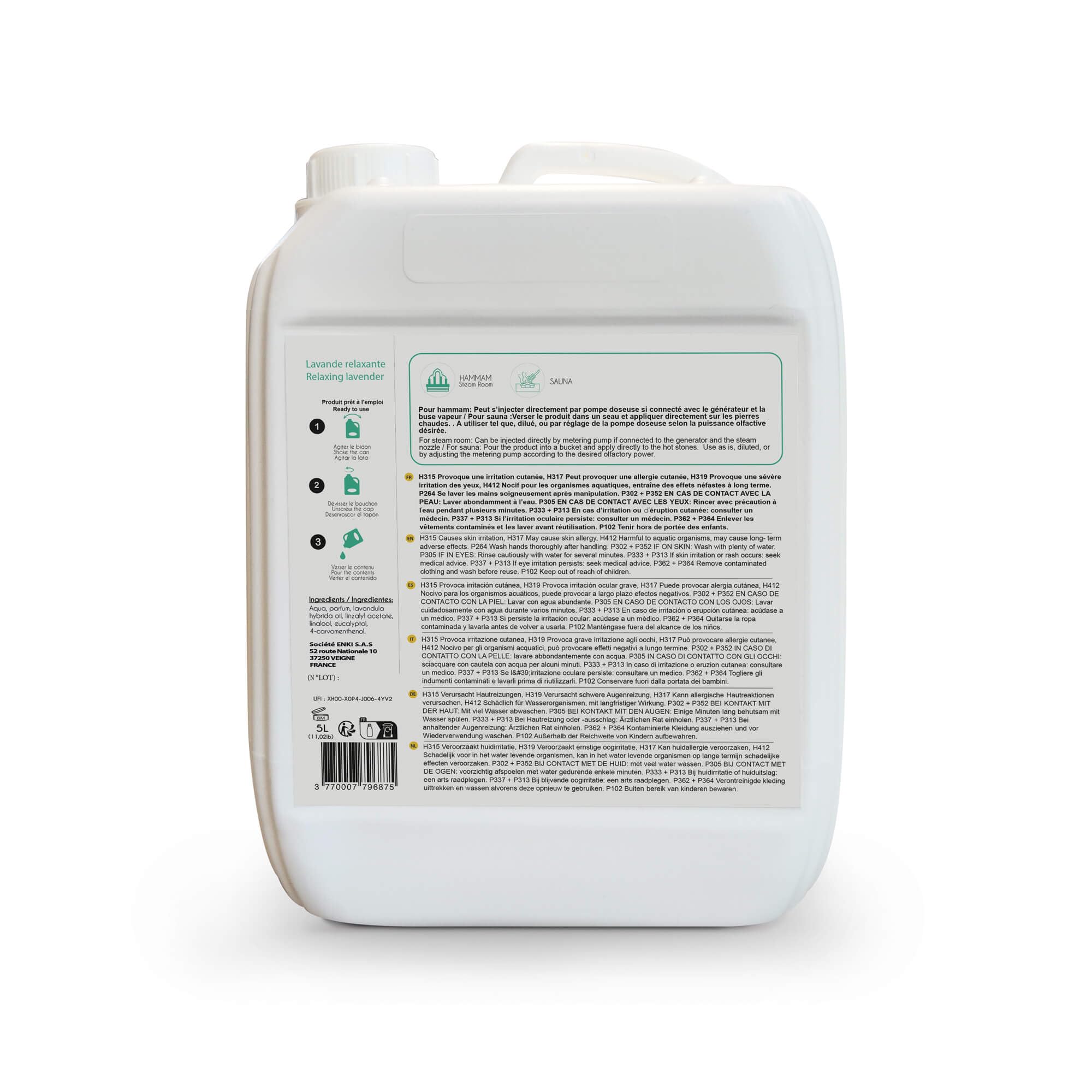 KIKAO - Élixir Lavande relaxante pour Hammam et Sauna - Bidon Format Professionnel - Aux Huiles Essentielles de Lavande - Parfum Relaxation, Aromathérapie, Bien-Être - 5kg Prêt à l'Emploi