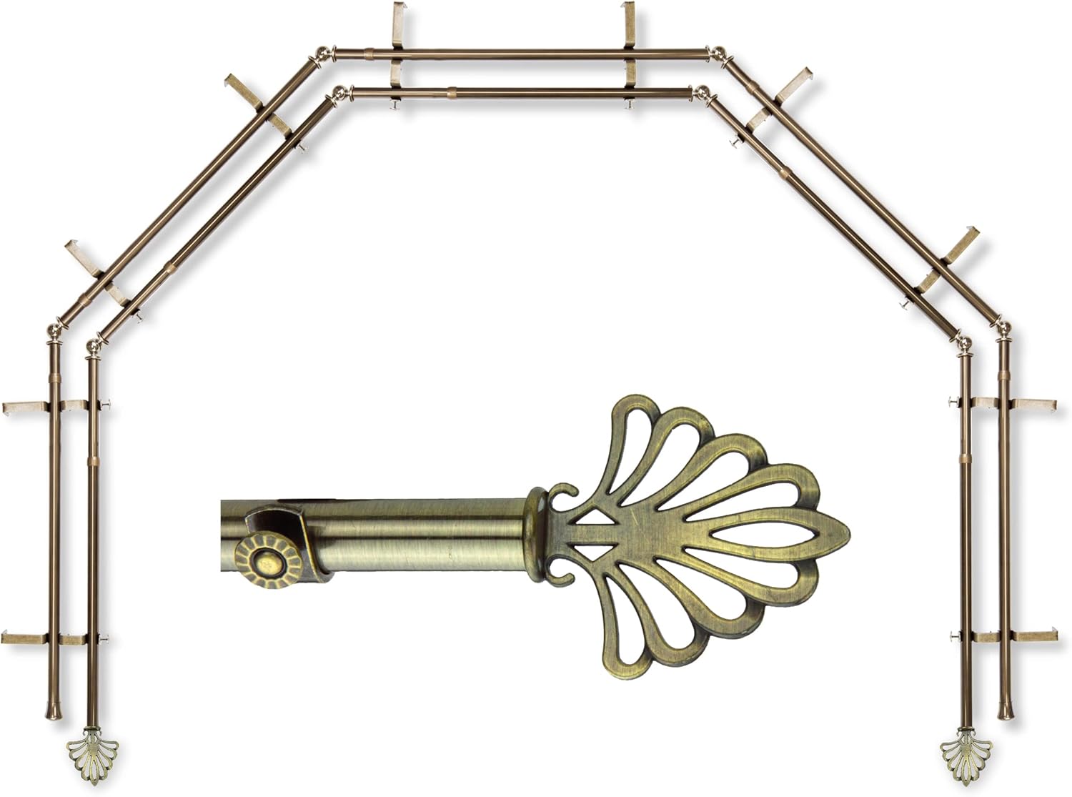 A&F Rod Décor - Screen 13/16" 5-Sided Double Bay Window Curtain Rod - Antique Brass