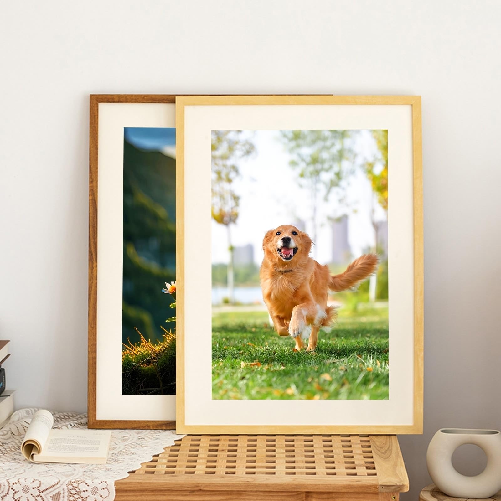 A4 Bilderrahmen Holz, Rechteck Doppelte Öffnung, Faltbar Bilderrahmen 21.08X29.72cm Wand Picture Frame für Fotos, Bilder, Poster Vertikal Anzeige