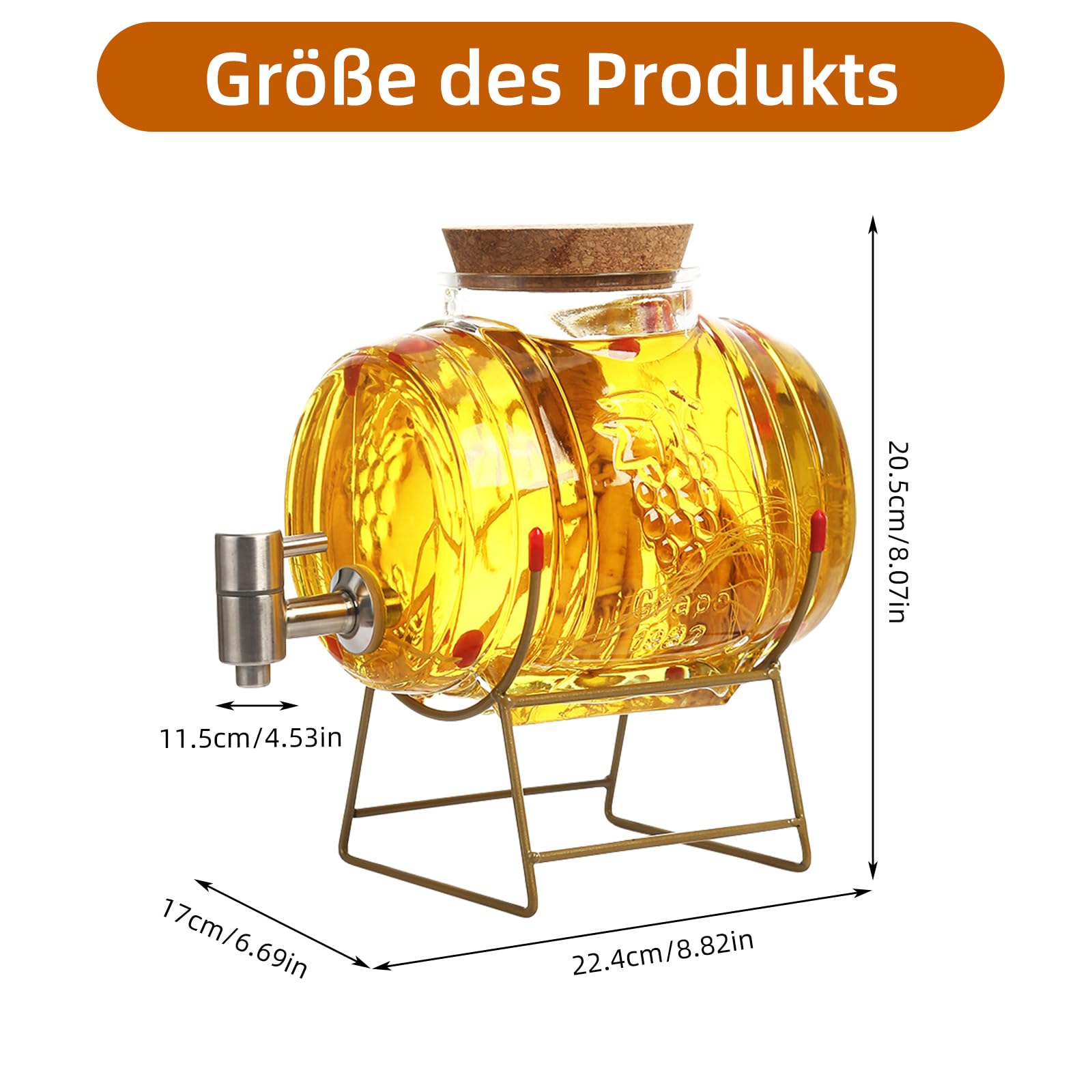 Dispenser di bevande in vetro con rubinetto in acciaio inox, con supporto in metallo e coperchio per bevande calde o fredde, distributore di birra, distributore di bevande per acqua, succhi di