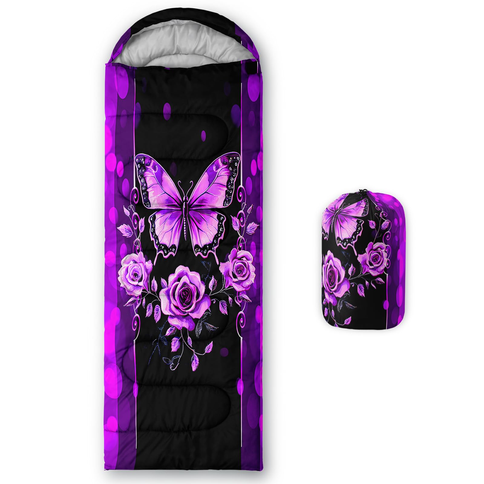 QOOMO Purple Butterfly Waterproof Sleeping Bags for Adults & Kids,Printed Camping Sleeping Bags,Traveling,and Outdoors,Camping Gear Equipment,31x90inch, 3 Season Warm & Cool Weather,Lightweight