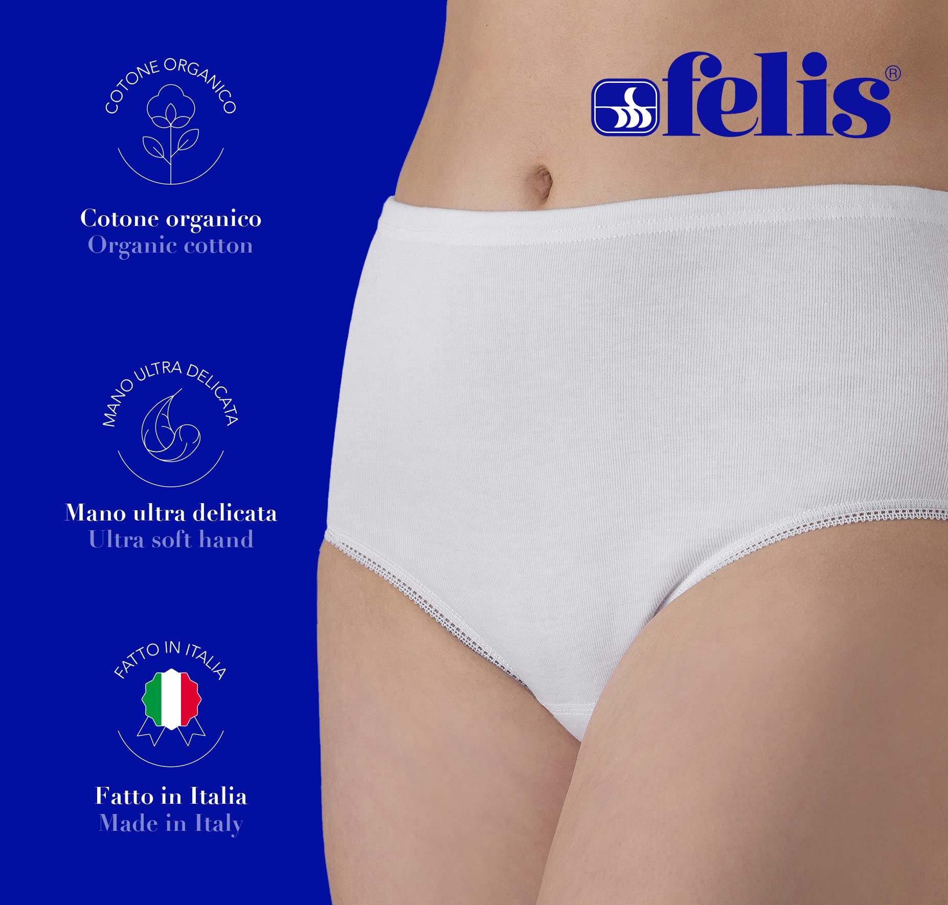 Felis Confezione da 6 Culotte Donna Classica a Vita Alta Cotone Costina con Pizzo, Mutande Donna Bianche, Traspiranti e comode, Persone anziane, sgambate, Taglie Forti