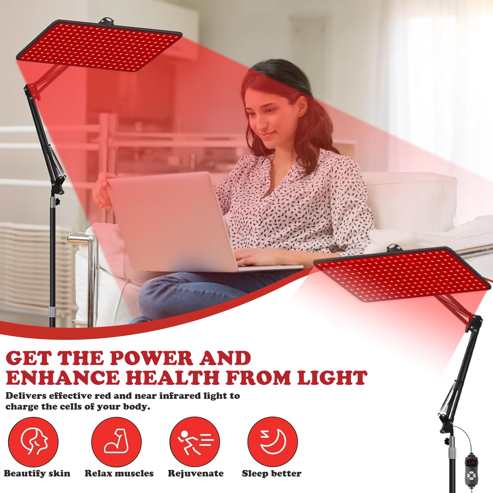 Lámpara de luz roja para cuerpo entero y cara, lámpara de pie de luz roja, lámpara de infrarrojos con 660 nm, 850 nm y 940 nm, 3 modos y 5 niveles de brillo y temporizador de 10/20/30 minutos, luces