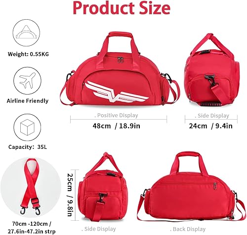 Miniatura 2 de FIORETTO Bolsa de deporte para hombre con bolsillo húmedo y compartimento para zapatos, ideal para viajes, gimnasio, deportes, natación, B-rojo