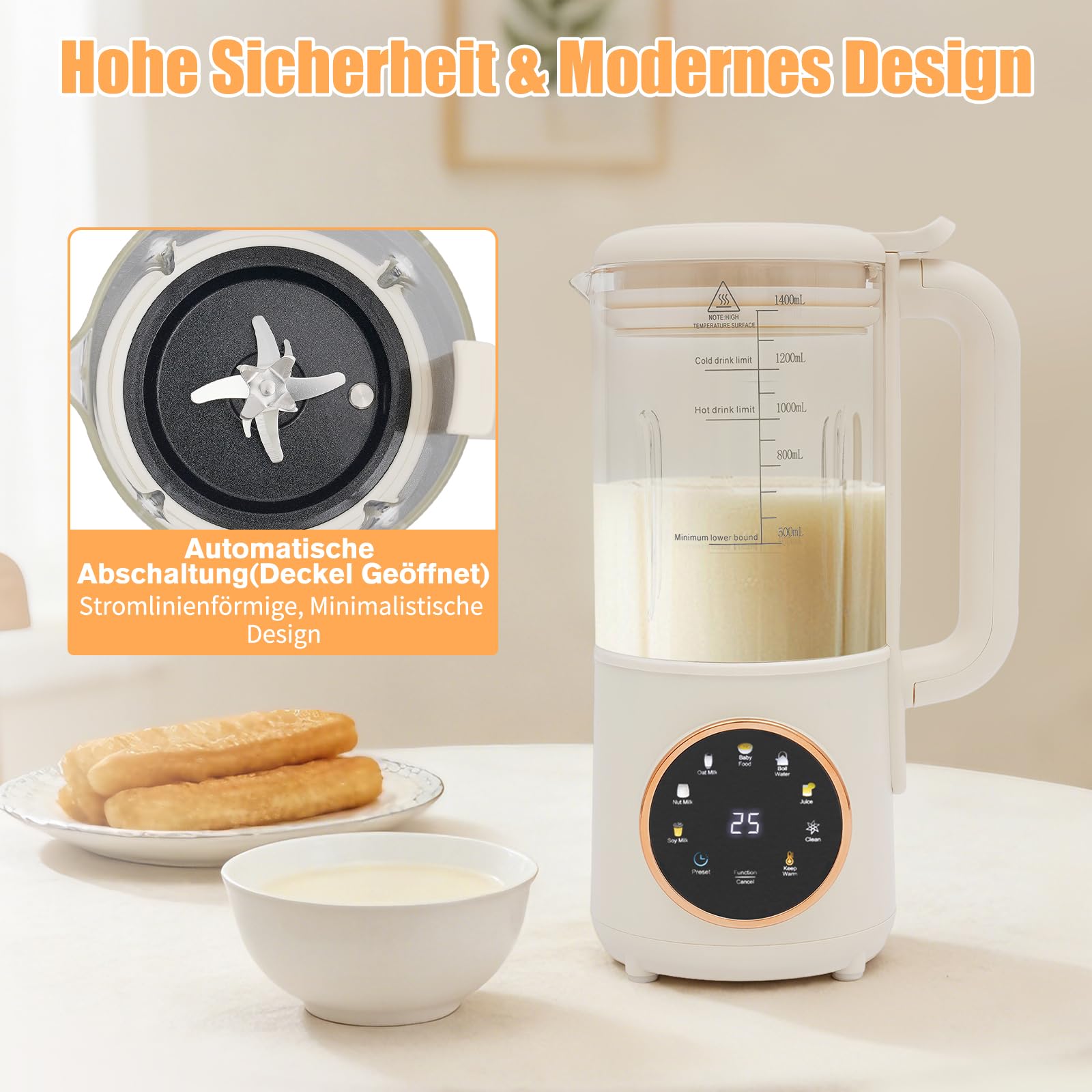 Macchina da 1400 ml, per latte di noci, con display touch a LED, per latte di mandorle, latte di soia