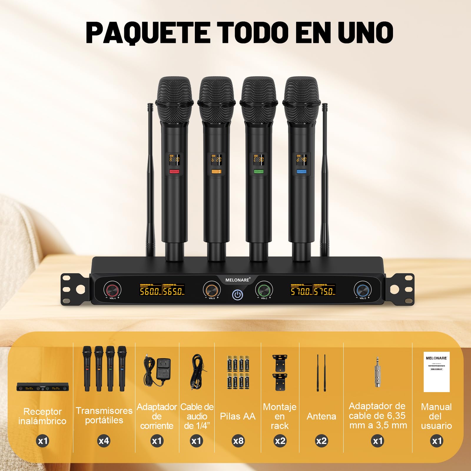 MELONARE Sistema de micrófono inalámbrico UHF Rack 4 Canales MWM-41F | 4 micrófonos de mano dinámicos, 4 x 10 frecuencias, alcance 260 ft, voces en vivo, karaoke, iglesia, DJ