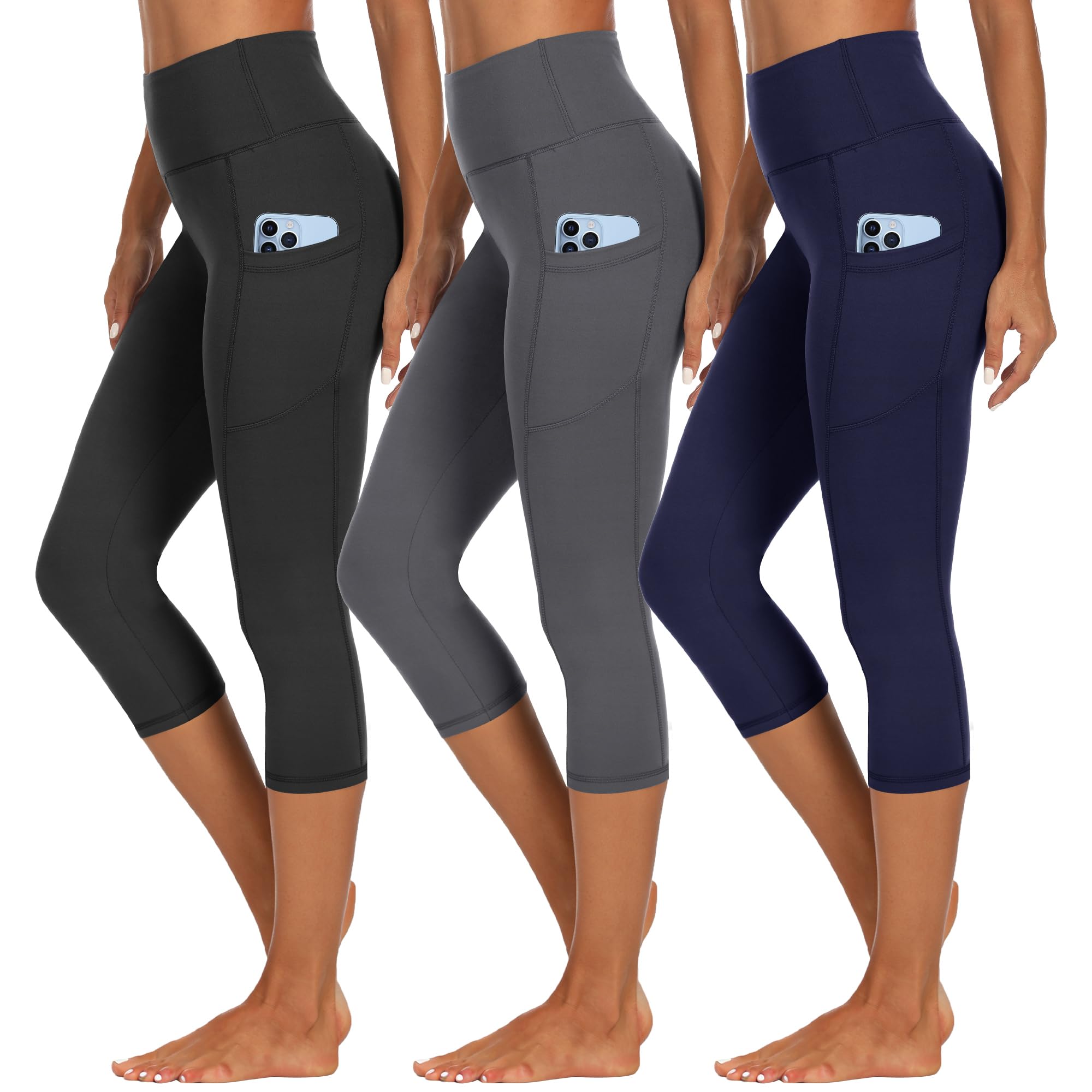 HIPOWER Pack de 3 leggings para mujer con bolsillos, pantalones deportivos capri, pantalones 3/4, pantalones capri, cintura alta, yoga, verano, leggings deportivos para fitness y gimnasio
