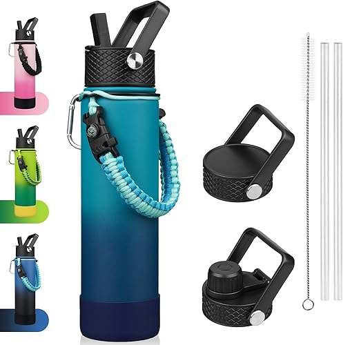 BJPKPK Botellas de agua aisladas de 27 onzas con 3 tapas, mango de cuerda de paracaídas y funda antideslizante, botella de agua de metal de acero