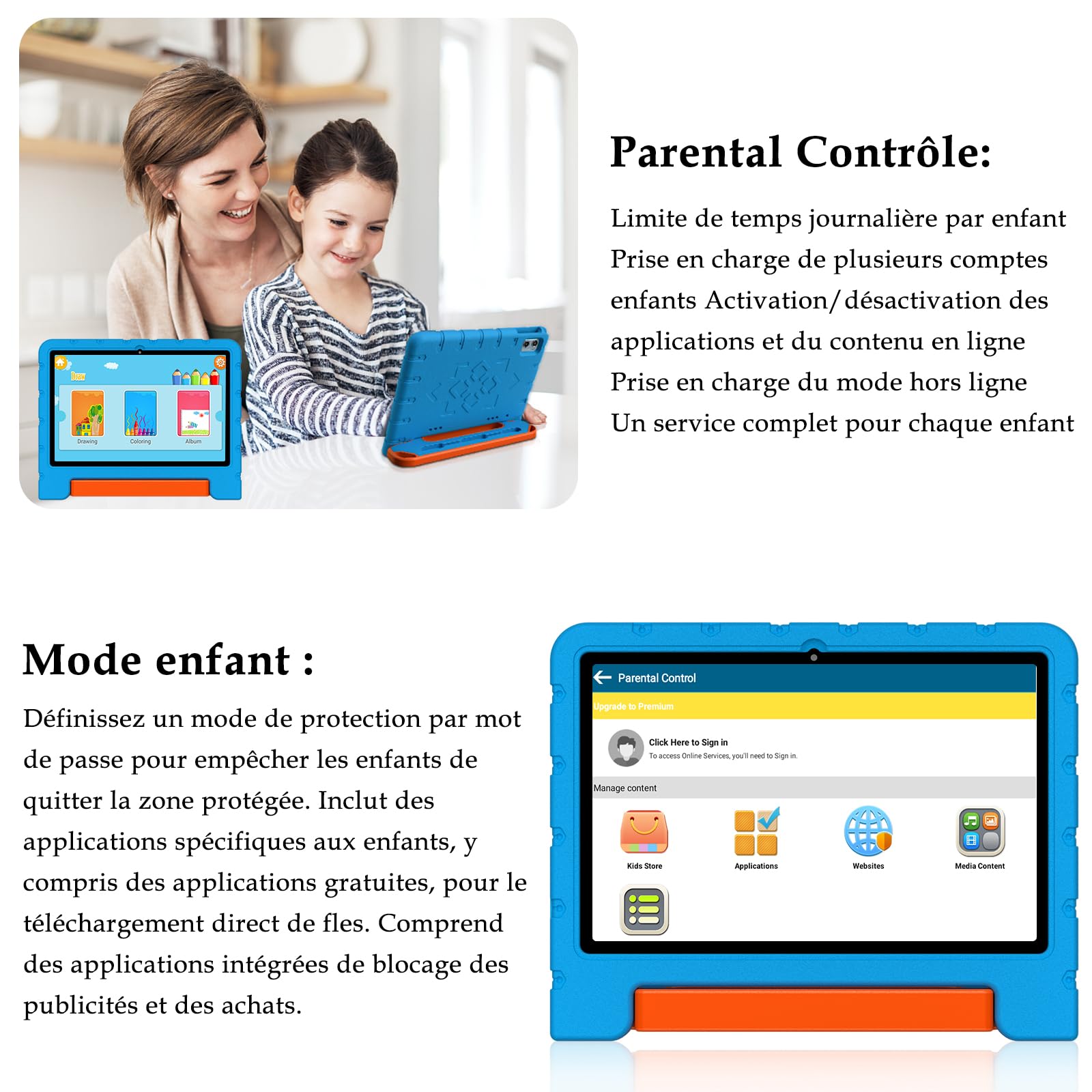 ZIOVO Tablette Enfants Android 15 Tablette 10 Pouces, 30Go RAM + 64Go ROM (TF 2To), Gemini AI, 5G WiFi/Octa-Core/Widevine L1/Face ID/Contrôle Parental/6000 mAh/BT 5.0, Tablette avec étui EVA - Bleu