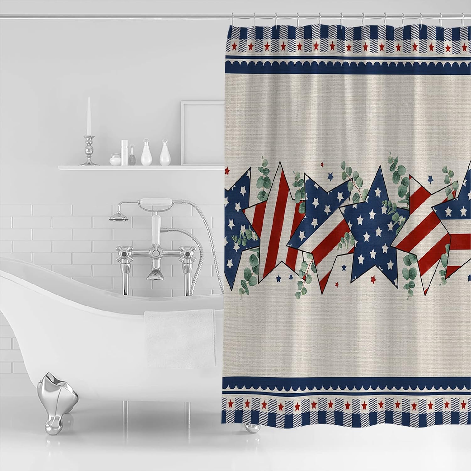 Double Love Independence Day Bathroom Curtain 72 Inch Shower Curtain with 12 Hooks, Waterproof Polyester Bath Curtain Washable Bathtub Curtain Freedom Stripes Stars Eucalyptus 72''x 72''