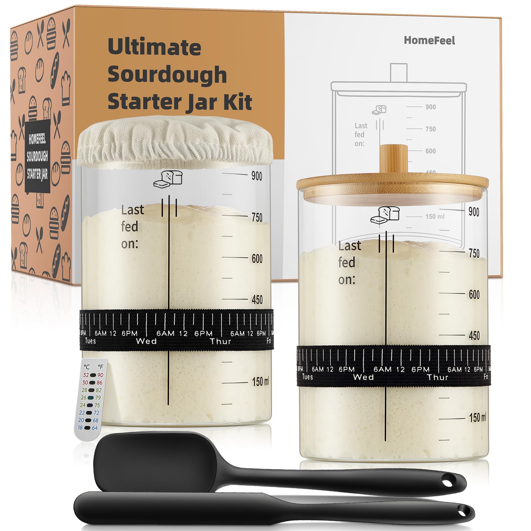 HomeFeel Premium Sourdough Starter Jar - 34 Oz Large Glass Jar with Bamboo Lid, Cloth Cover, Date Tracker, Thermometer and Scraper, Stylish Design and Wide Mouth Starter Kit (2 Pack)