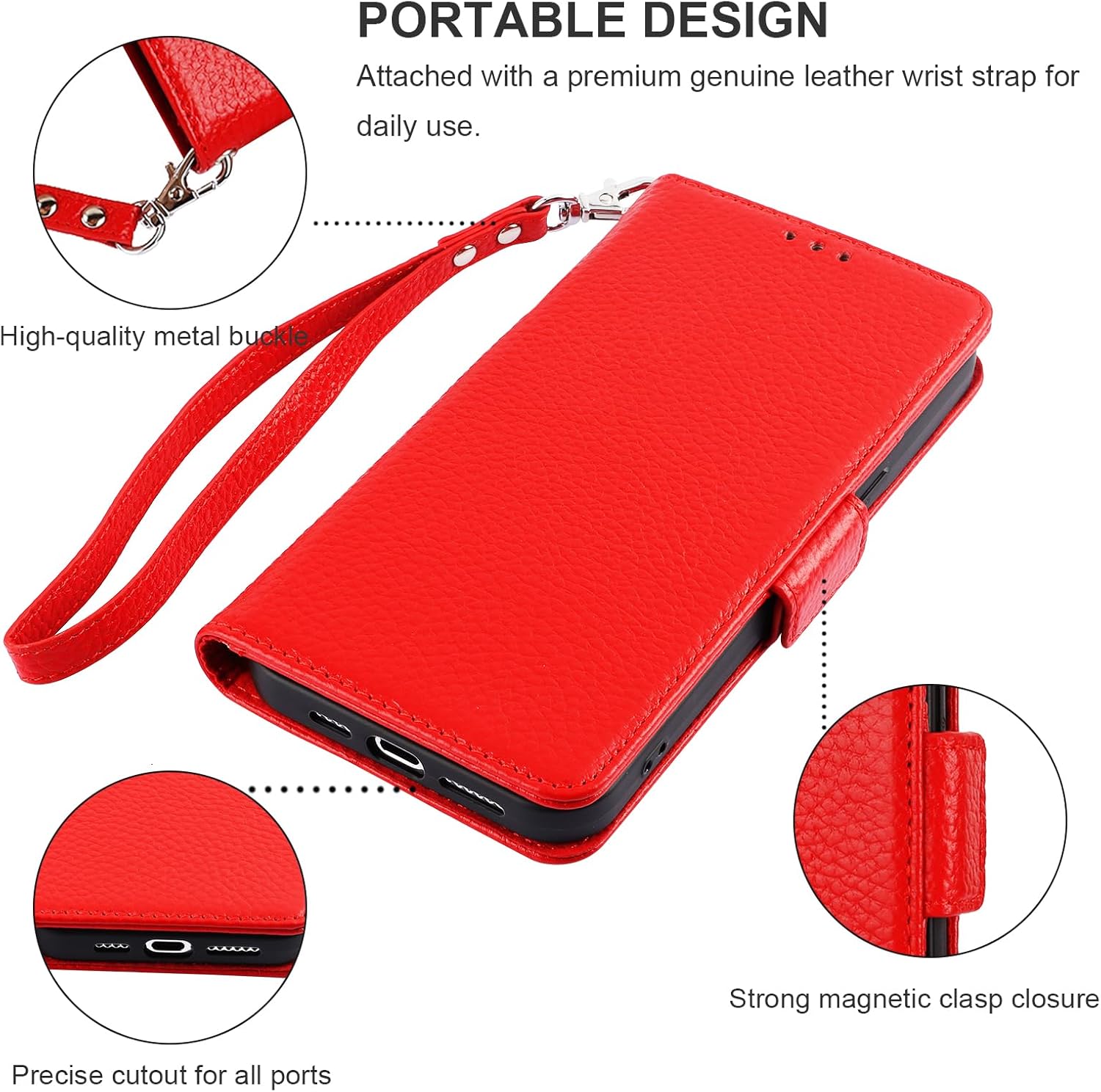 Bocasal Wallet Case for iPhone 15 Pro Max 5G, Genuine Leather Support Wireless Charging RFID Blocking Flip Case Card Slots Holder, Kickstand Book Folding Folio Cover with Wrist Strap 6.7 Inch (Red)