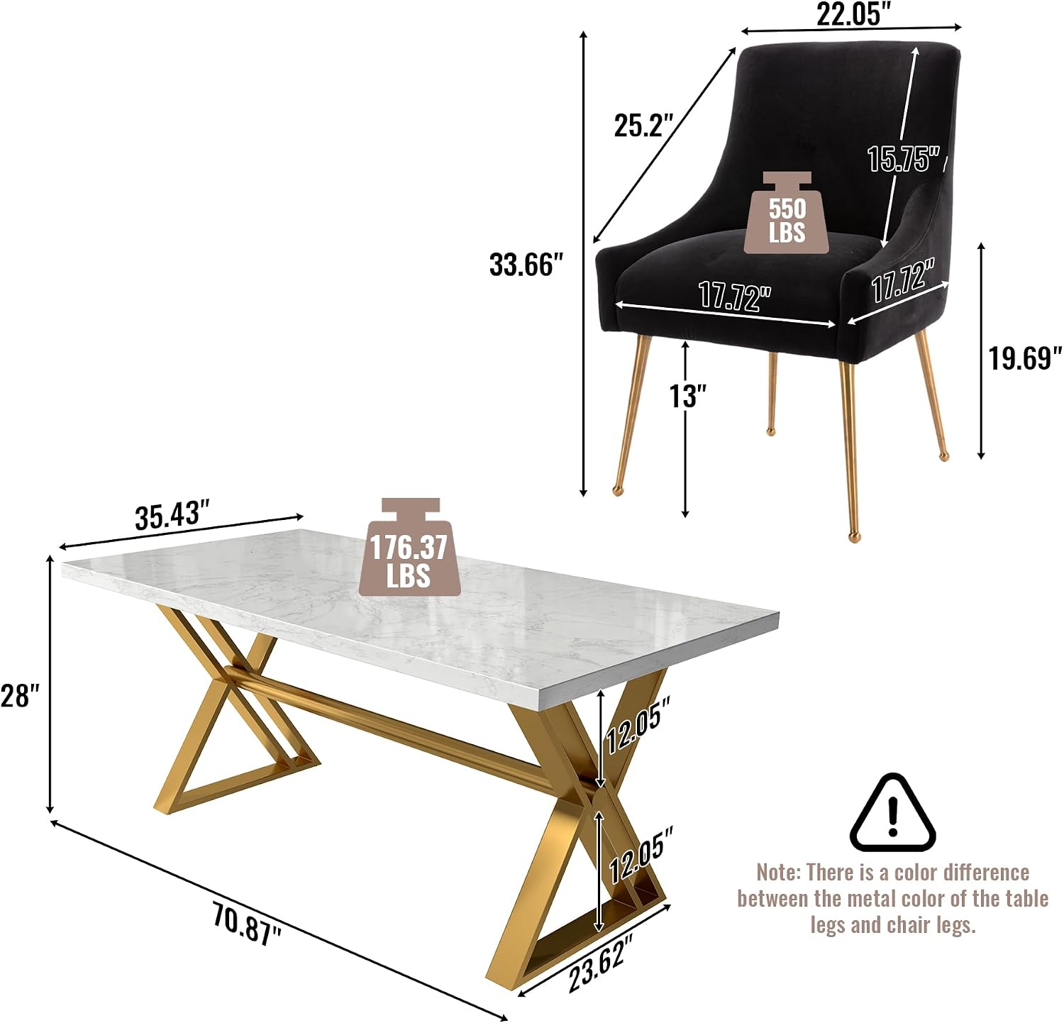 Clihome 7-Piece Dining Table Set for 6, 70'' Large Marble Kitchen Table with 6 Velvet Dining Chair, Gold Stainless Steel Base, Modern Kitchen Table Furniture for Dining Room, Black