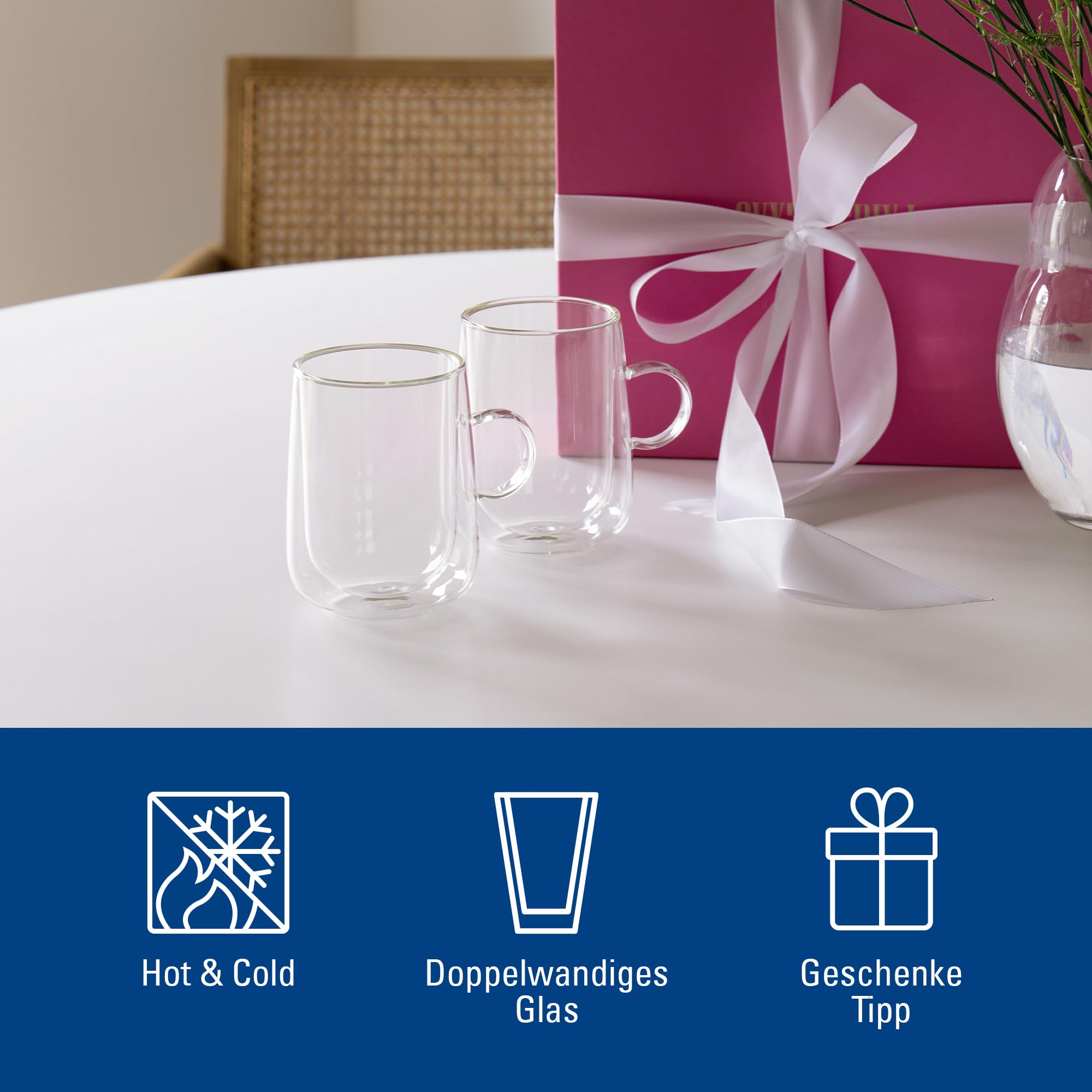 Villeroy & Boch – Artesano Hot&Cold Beverages Latte-Macchiato-Glas mit Henkel Set 2 teilig 360 ml Klar, Spülmaschinenfest, Mikrowellensicher, Tasse Transparent Doppelwandig, Borosilikatglas
