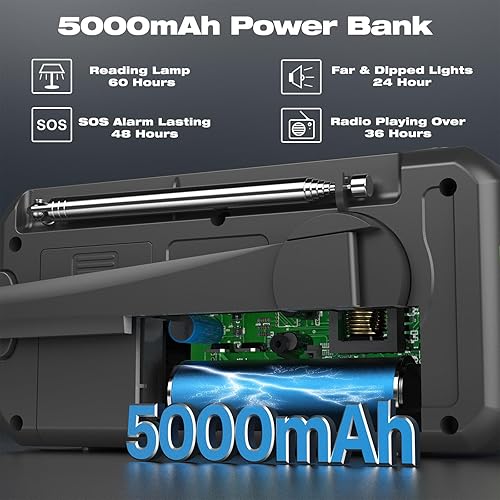 Miniatura 5 de Radio de emergencia de manivela de 5000 mAh, radio meteorológica, radios solares que funcionan con pilas, radios de alerta meteorológica NOAAAMFM